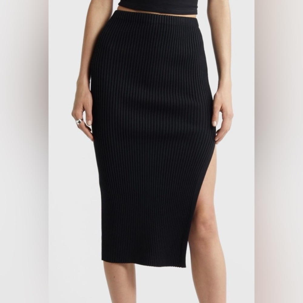 Open Edit Black Ribbed Skirt